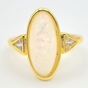 Gold Tone Oval Opal Style Statement Ring - Size 9.5 - 10
